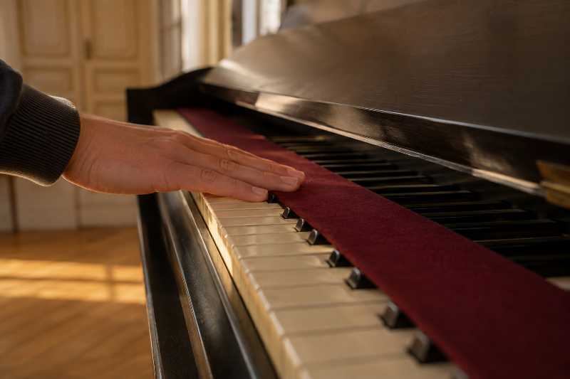 Bande de feutre rouge posée sur les touches d'un piano avant fermeture du couvercle de clavier